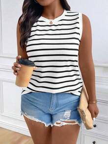 Chaleco sin mangas de mujer de talla grande, casual, de cuello redondo y con estampado de limón, de hombros anchos - Blanco y Negro 2 - Ver 5
