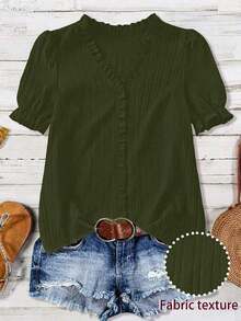 Blusa casual con cuello en V, volantes y mangas de pétalos acanalados para tallas grandes - verde militar 2 - Ver 1