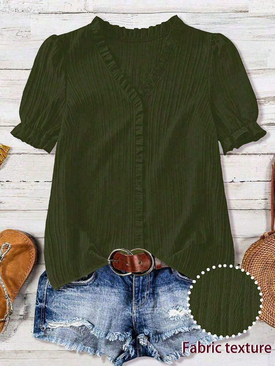 Blusa casual con cuello en V, volantes y mangas de pétalos acanalados para tallas grandes - verde militar 2 - Ver 1