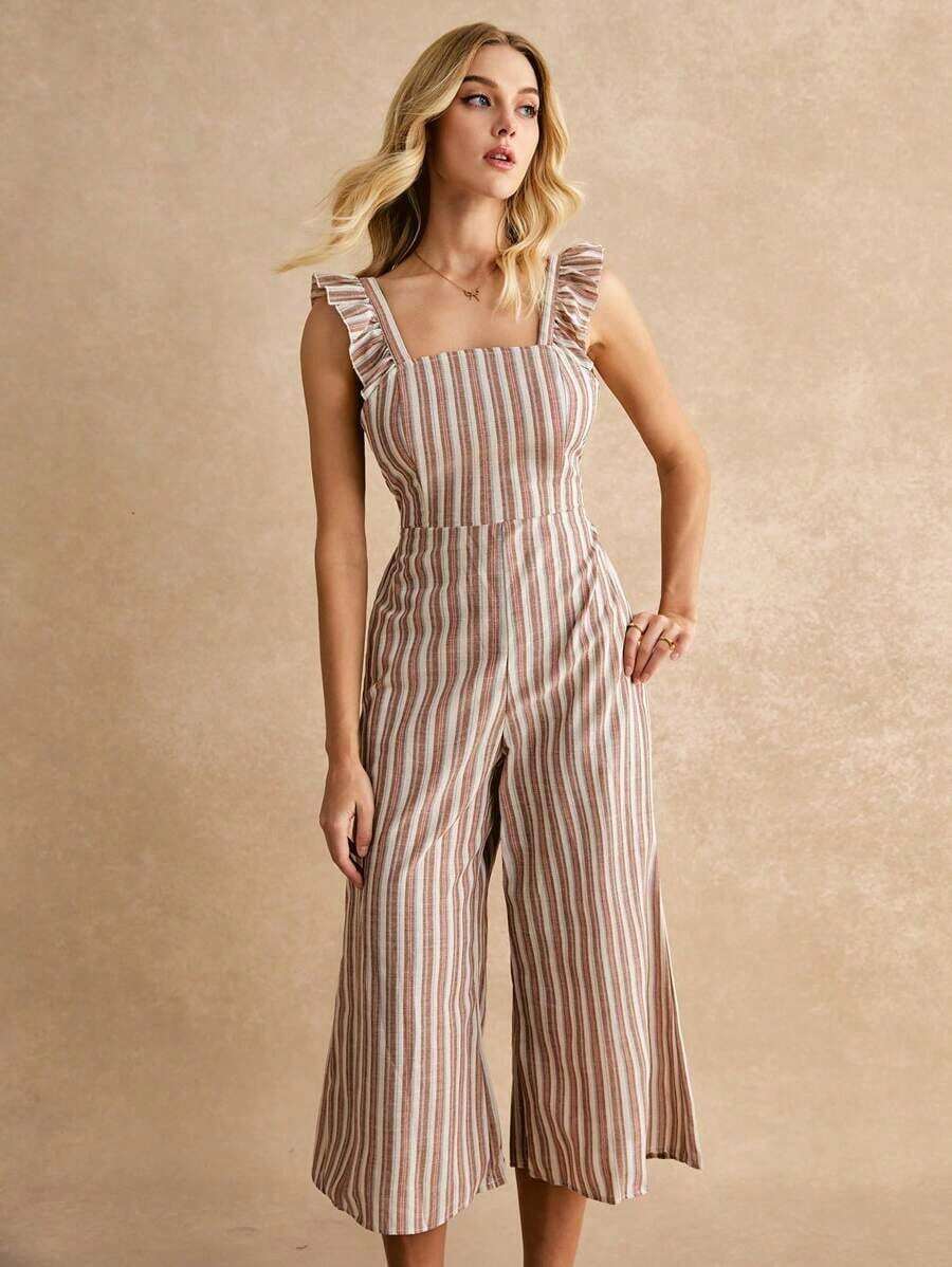 Frenchy Jumpsuit sisa con fruncido con cordón trasero de rayas - Caqui - Ver 1