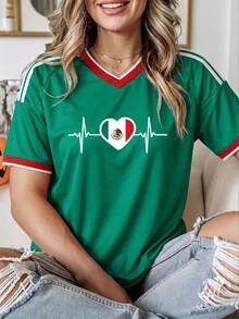 Playera Oversize "Viva México" - Diseño Deportivo Verde con Corazón Ritmo Cardíaco para Mujer - Verde - Ver 2