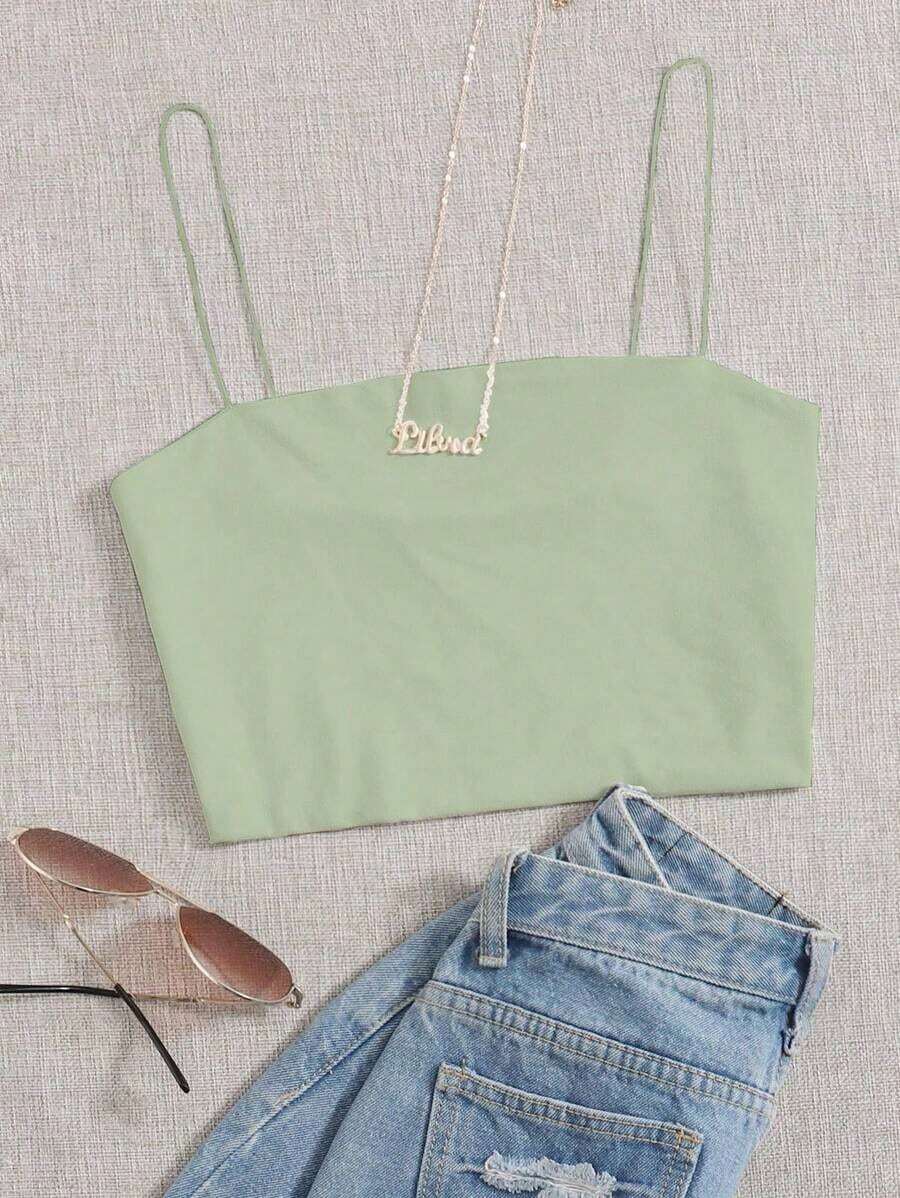 Top corto de tirantes delgado unicolor - Verde 3 - Ver 1