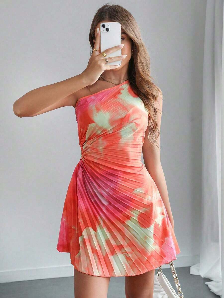 sin mangas con cuello asimétrico plisado, estampado de teñido anudado para mujeres - Multicolor 3 - Ver 1
