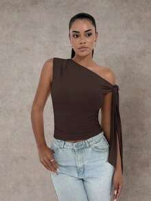 Elegante blusa de mujer con hombros asimétricos y cuello con lazo, adecuada para citas casuales, fiestas nocturnas, uso diario, otoño - Café integral - Ver 6
