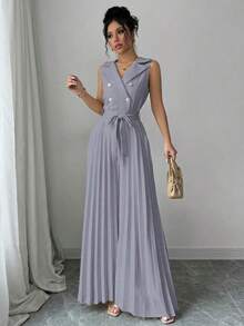 Mono elegante de mujer con diseño de doble botonadura y plisado en color albaricoque, para primavera y otoño - Gris - Ver 3