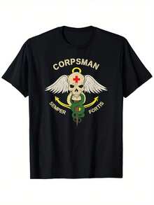Unisex Black Cotton T-Shirt With CORPSMAN SEMPER FORTIS Design - Soft And Casual Crew Neck T-Shirt, Suitable For Both Men And Women, Perfect For Birthdays, Halloween, Thanksgiving, Christmas, All Seasons, And Casual Wear. | Bold Print T-Shirt | Soft Fabric T-Shirt, Ideal For Christmas, Perfect For Thanksgiving. - 黑色 - 查看 1