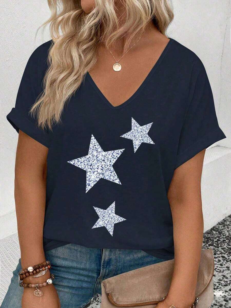 Selamara Camiseta casual versátil de talla grande con diseño de encaje y parches, nueva llegada para primavera/verano para mujeres - Multicolor - Ver 1