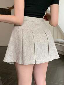 Falda pantalón plisada de unicolor para mujer con estilo informal universitario - Blanco - Ver 5