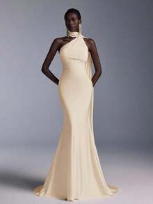 Vestido largo de sirena con espalda abierta y ajustado, de estilo minimalista, adecuado para asistir a fiestas formales, reuniones y galas formales de damas - Albaricoque - Ver 7