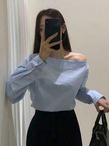 Camisa azul de manga larga con hombro asimétrico de unicolor para mujer, azul claro, primavera/verano/otoño - Celeste - Ver 4