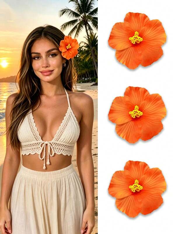 3Pcs Women Bright Orange Hibiscus Flower Tropical Floral Hair Clips Summer Beach Vacation Travel Daily Holiday Party Hair Accessories