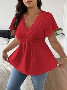 CosyJoli Camiseta de mujer de talla grande con cuello en V, parche de encaje y textura a rayas en forma de A - Rojo - Ver 6