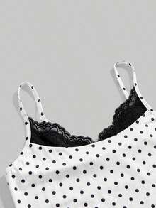 Camiseta de mujer con cuello en U, con detalles de encaje y estampado de lunares modernos - Blanco - Ver 3