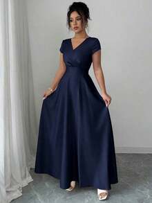 Vestido elegante y romántico para mujeres con cuello en V, mangas cortas y cintura ceñida - Azul marino - Ver 5