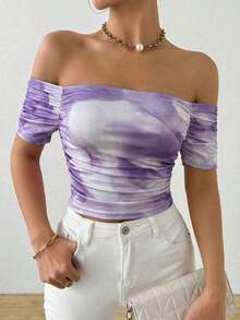 Camiseta de manga corta plisada con cuello recto en línea - Morado - Ver 5
