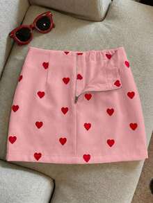 Falda con cierre de cremallera, estampado de corazón, de corte evasé y talle bajo, de estilo coreano y de nueva moda, que estiliza la figura de la mujer - Rosa - Ver 6