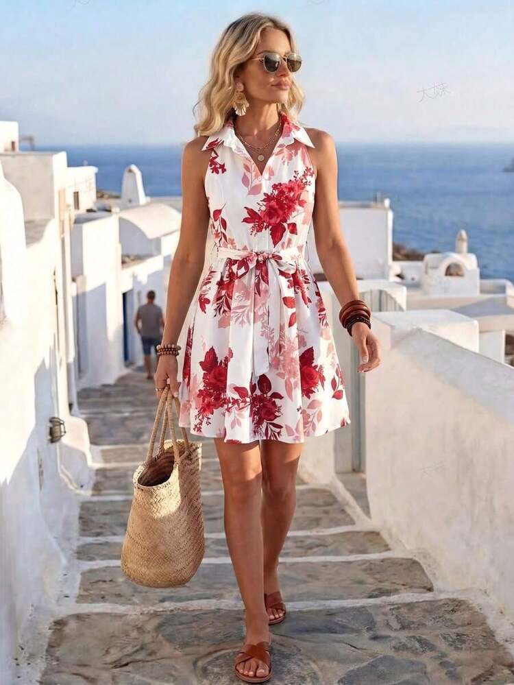 Vestido de cuello halter de impresión floral elegante de verano - Multicolor - Añade 6