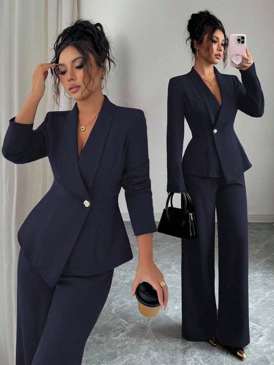 Conjunto de traje de mujer, tela de traje, cuello de solapa, manga larga, cintura ceñida con dobladillo asimétrico en línea A, decoración de botón de metal, sofisticado y elegante para la oficina, el transporte, el estilo callejero, el romanticismo francés, casual, vintage de Oriente Medio, té de la tarde, fiesta, Acción de Gracias, regreso a la escuela, primavera/otoño/invierno - Azul marino - Ver 1