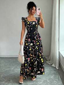 Women's Dress With A Square Neckline, Fitted Waist, And Flared Sleeves In A Multicolored Print. Elegant And Sophisticated, Suitable For Valentine's Day, Easter, Labor Day, Birthdays, Dates, Parties, Formal Occasions, Teacher Outfits, High-Vibe Looks, Travel And Vacations, Streetwear, Spring And Summer. - 黑色 - 查看 6