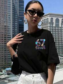 Camiseta de mujer con estampado de letras 67 Six Seven, de cuello redondo, de manga corta, de color negro, de estilo casual, lavable a máquina, cómoda para primavera y verano - Negro - Ver 2