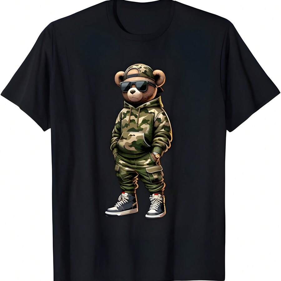 Camo Hip Hop oso de peluche Cool Rapper Streetwear camiseta gráfica - Negro - Ver 1