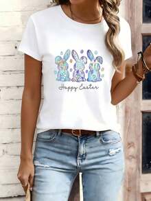 Women's 100% Cotton Easter Bunny T-Shirt - Soft White Short-Sleeved T-Shirt With A Cute Bunny And Egg Design, Casual, Comfortable, And Fitted, Perfect For Spring Fashion. | Retro Print T-Shirt | Shiny Texture - 白色 - 查看 7
