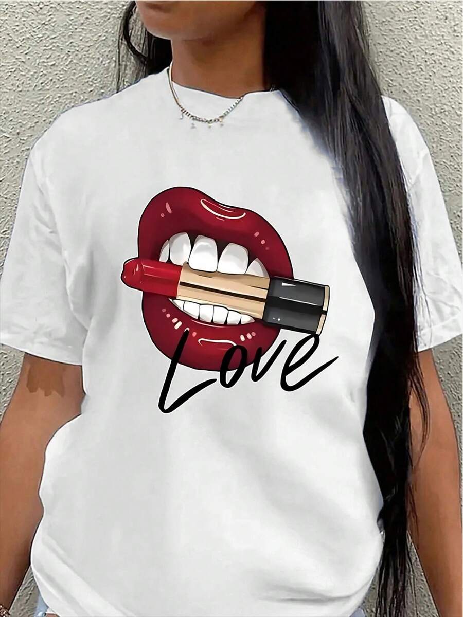This Lightweight And Durable Short-Sleeved T-Shirt, Featuring A Lipstick Heart Design, Is Perfect For Casual Outings Or Relaxing At Home, Offering A Comfortable Everyday Wear Experience. - 白色 - 查看 1