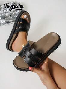 New Fashion Buckle Open Toe Platform Slippers, Comfortable Versatile Dirt-Resistant Beach Sandals Suitable For Daily Wear - Black Leather - View 7
