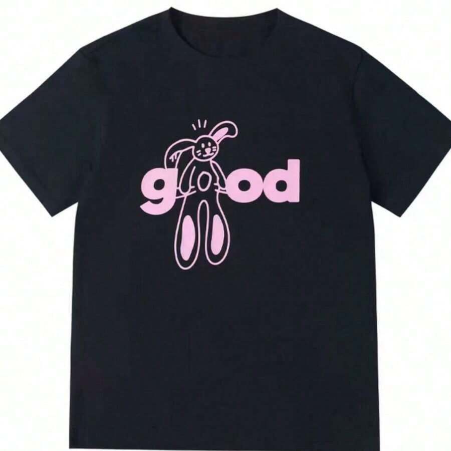 1 pieza de camiseta casual para mujer, blanca, de cuello redondo y manga corta, con estampado gráfico de un lindo conejo, de longitud regular, de tela ted, 180g, 100% algodón, los diseños están completamente impresos. Unisexo. - Negro - Ver 1