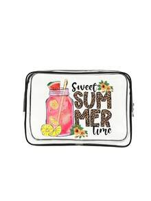 1pc Black PVC Transparent Makeup Organizer Bag, Printed With "Sweet Summer Time" Letter Pattern And Pink Soda Pattern, Premium Quality Durable, Waterproof And Stain-Resistant, Easy To Wipe Clean - Multicolor - View 12