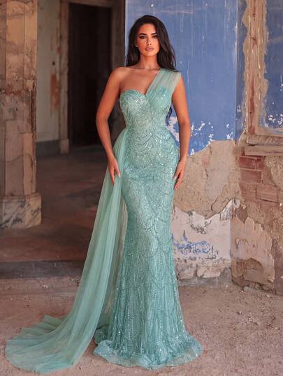 Asymmetric Neckline Side Ruffle Sequin Beaded Formal Gown, Elegant Wedding Guest Dress Suitable For Graduation Ceremony, Banquet And Other Occasions