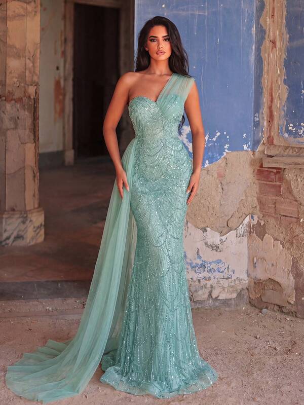 Asymmetric Neckline Side Ruffle Sequin Beaded Formal Gown, Elegant Wedding Guest Dress Suitable For Graduation Ceremony, Banquet And Other Occasions