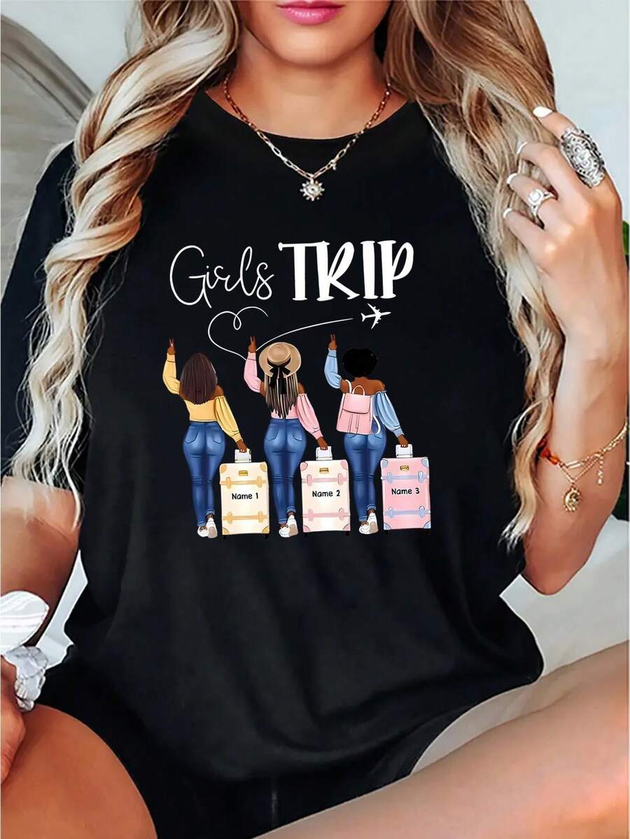 Chic Women's Travel-Inspired Graphic Tee - Casual Crew Neck Short Sleeve, Stretchy Polyester Blend, Machine Washable - Perfect For Summer - Black - View 1