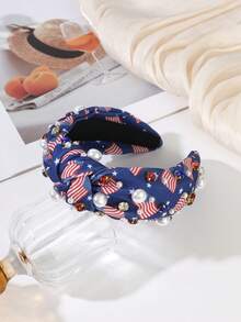 1Pc July 4th Independence Day Hairband, Stars & Stripes Pearl Rhinestone Knotted Wide Headwrap, Party Daily Versatile Hair Accessory - Multicolor - View 10