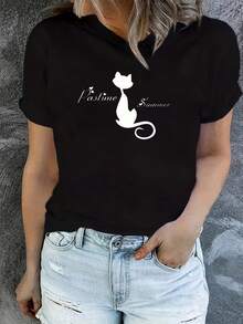 Ropa de verano ligera y transpirable de una pieza para mujer, camiseta holgada con un diseño de gato blanco y la frase "Summer Leisure", adecuada para uso casual en verano, ropa elegante para mujer, estilo: cuello redondo, mangas cortas, corte holgado, un regalo para usted misma/familia/pareja/amigos, para uso diario, ropa para el hogar, conjuntos de primavera y otoño para usar en capas. - Negro - Ver 1