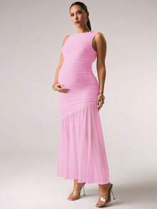 MaterniChic Vestido sin mangas fruncido de unicolor elegante para maternidad - Rosa Pálido - Ver 3