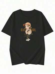 ropa de mujer Primavera/Verano Camiseta de manga corta con cuello redondo simple, holgada, informal, con estampado de texto en inglés y gráfico de chica, color negro, camisas de mujer - Negro - Ver 4