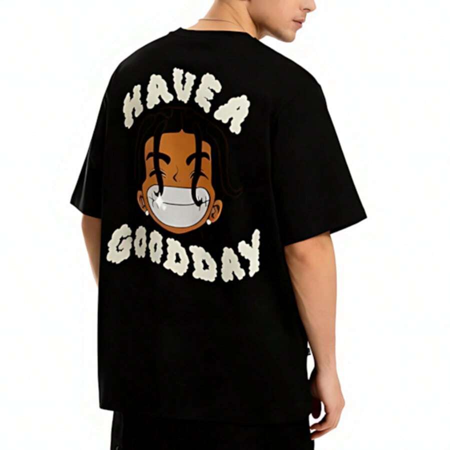 Camiseta de Cuello Redondo Estampada de Manga Corta para Hombre, Camiseta Gráfica para Hombre - Negro - Ver 1
