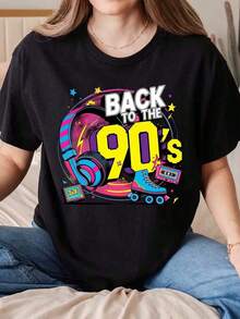 Comfortable Printed T-Shirt, Loose Fit, Versatile, Plus Size, Round Neck, 90s Style. - 黑色 - 查看 1