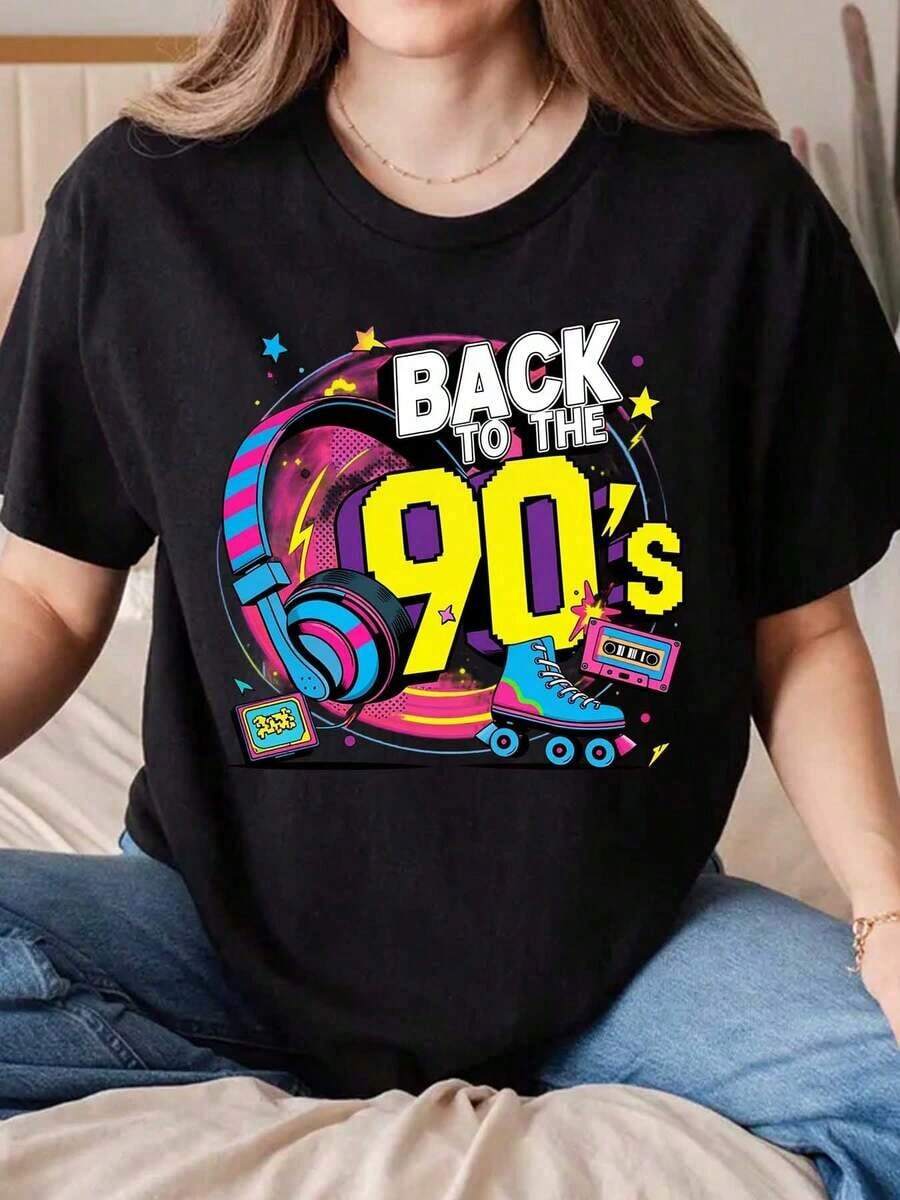 Comfortable Printed T-Shirt, Loose Fit, Versatile, Plus Size, Round Neck, 90s Style. - 黑色 - 查看 1