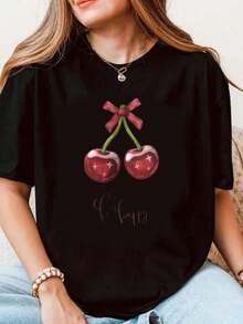 Women's Short-Sleeved T-Shirt With Cherry Bow Print And "Be Happy" Graphic, Casual Summer Top, Comfortable Fabric, Perfect As A Gift. - 黑色 - 查看 1