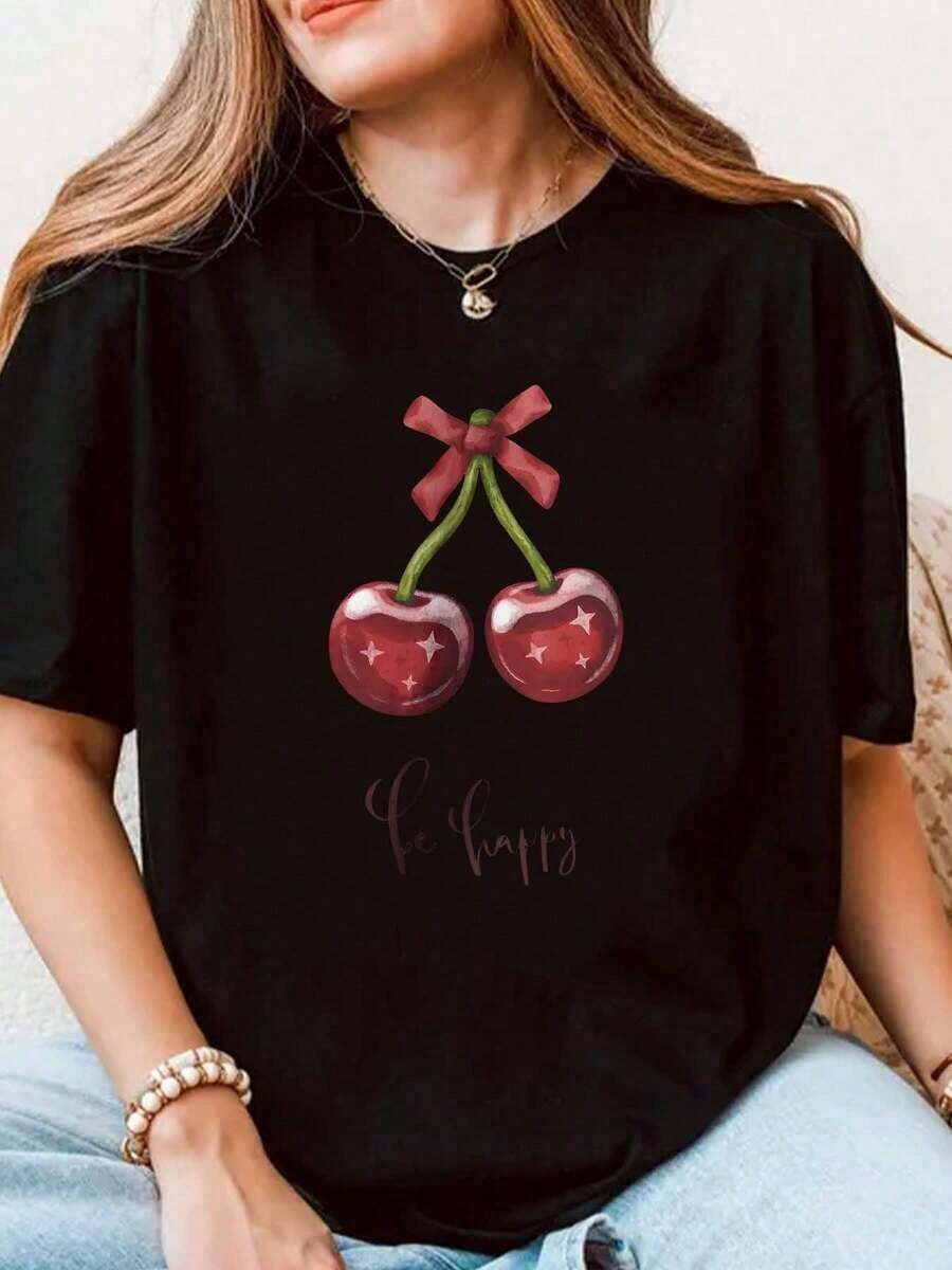 Women's Short-Sleeved T-Shirt With Cherry Bow Print And "Be Happy" Graphic, Casual Summer Top, Comfortable Fabric, Perfect As A Gift. - 黑色 - 查看 1