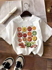 Featuring A Variety Of Tomatoes In A Casual Print, This Comfortable And Versatile 220g Pure Cotton T-Shirt With A Letter Pattern Is A Unisex Style From KOUJ. It's Suitable As A Gift. This Women's T-Shirt Is Stylish And Boho Chic. Soft, Breathable, And Comfortable, It's Ideal For Spring, Summer, And Autumn, Perfect For Vacations, Travel, And Everyday Wear. - 白色 - 查看 7
