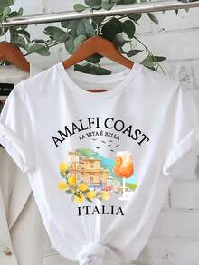 1 Women's T-Shirt With Italian Amalfi Coast Print - Casual Round Neck Top With Amalfi Coast Design, Lemons And Italian Text - Lightweight Top For Everyday Wear And Travel - Italian Holiday Clothing 180g 100% Cotton - 白色 - 查看 6