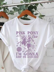 Women's Vintage 80s T-Shirt With Neon Pink Pony Print - "I'll Keep Dancing" - Short Sleeve, Crew Neck, Casual Style, Featuring Disco Ball And Pony Prints, Machine Washable, Suitable For Summer And Spring Parties, Themed Events, And Everyday Wear. The Vibrant Vintage Purple Design Is Combined With Pink Pony And Disco Ball Graphics, A Comfortable Crew Neck, Lightweight And Fashionable Fabric, And Breathable Material. - 白色 - 查看 6