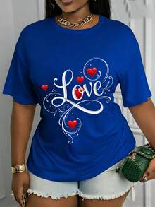 Mexican Casual Short-Sleeve T-Shirt With Round Neck And 'Love' Print. Loose Fit With Moderate Stretch. Machine Washable. Suitable For Spring, Summer, And Fall. Casual Wear. Stretchy Fabric. Cotton T-Shirt. Summer Fashion. Summer Fashion - 藍色 - 查看 7