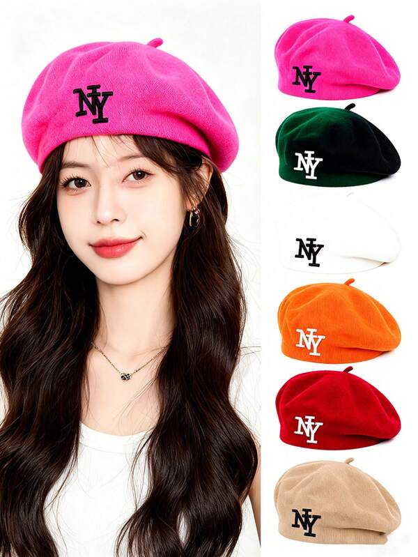 Boina francesa de punto cálida para mujer en otoño/invierno, gorra de pintor vintage de punto suave y multicolor, versátil