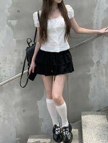 Korean Style Summer Minimalist Ruffle Lace Patchwork Short Sleeve Blouse White - White - View 4