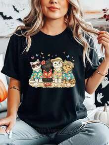 New Women's Summer Casual Shirt With Prints And Patterns, Ideal For Vacation. This Unisex Crew Neck T-Shirt Is Breathable And Comfortable, Making It A Loose-Fitting, Short-Sleeved, Urban Vintage-Style Cotton Tee. - 黑色 - 查看 6