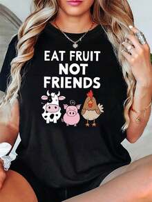 Women's Tops, Women's T-Shirts, Mother's Day, Casual Blouses For Ladies, Women's Tops, 2000s Style, Women's T-Shirt With Cute Farm Animal Print 'Eat Fruit Not Friends', Top For  Events At Vegan Restaurants, Fun And Cute Style, Casual Style Short Sleeve T-Shirt. - 黑色 - 查看 6